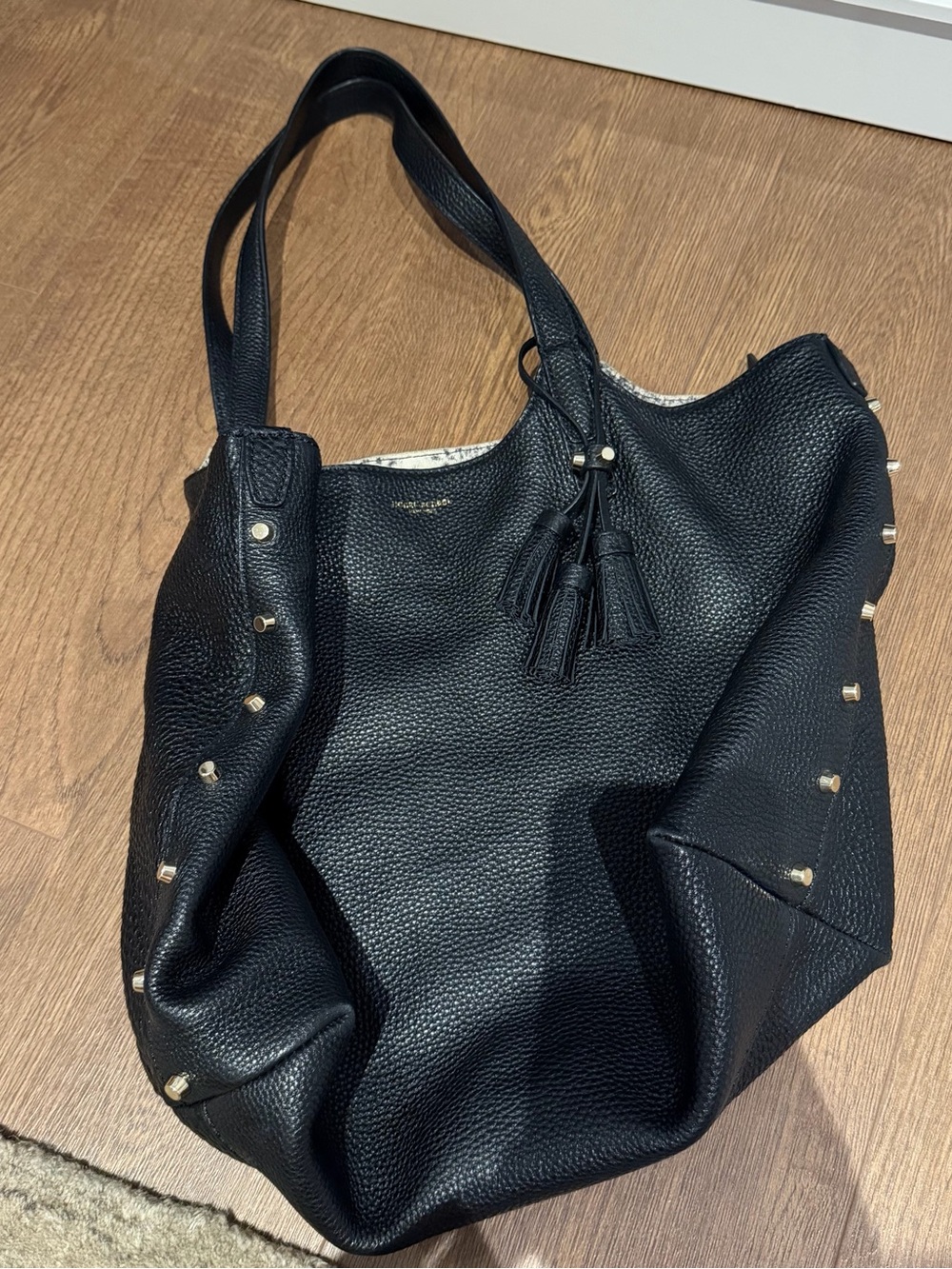 Henri Bendel Black Leather Purse Shoulder Bag Stud-Accent with Tassel